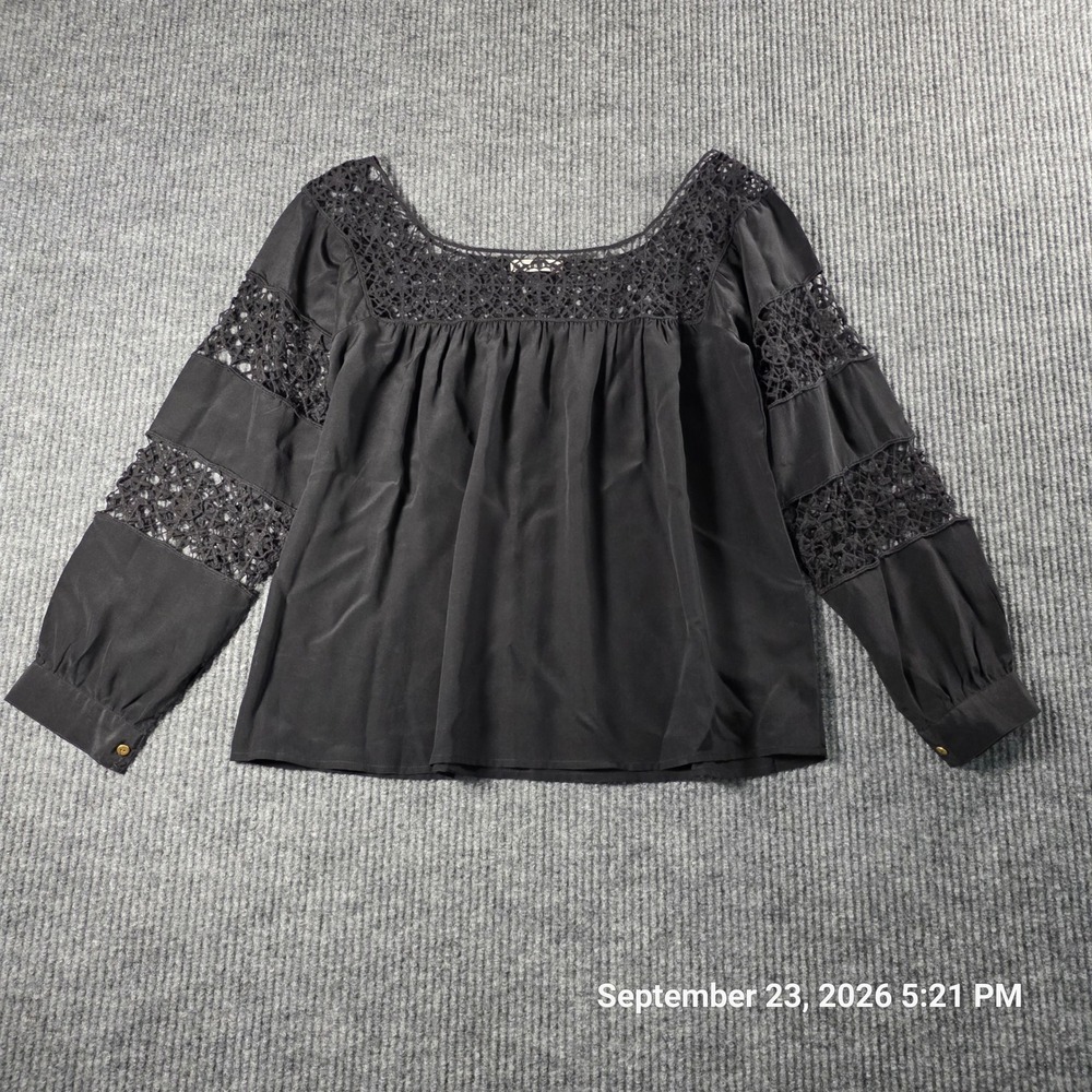 Ulla Johnson Black 100% Silk Crochet Lace Trim Blouse Size 0 Boho Long Sleeve